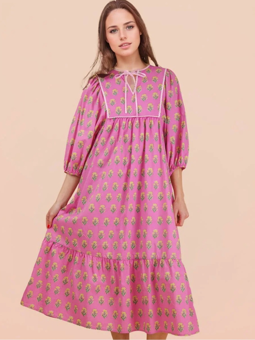 Pink Floral Tie-Neck Midi Dress